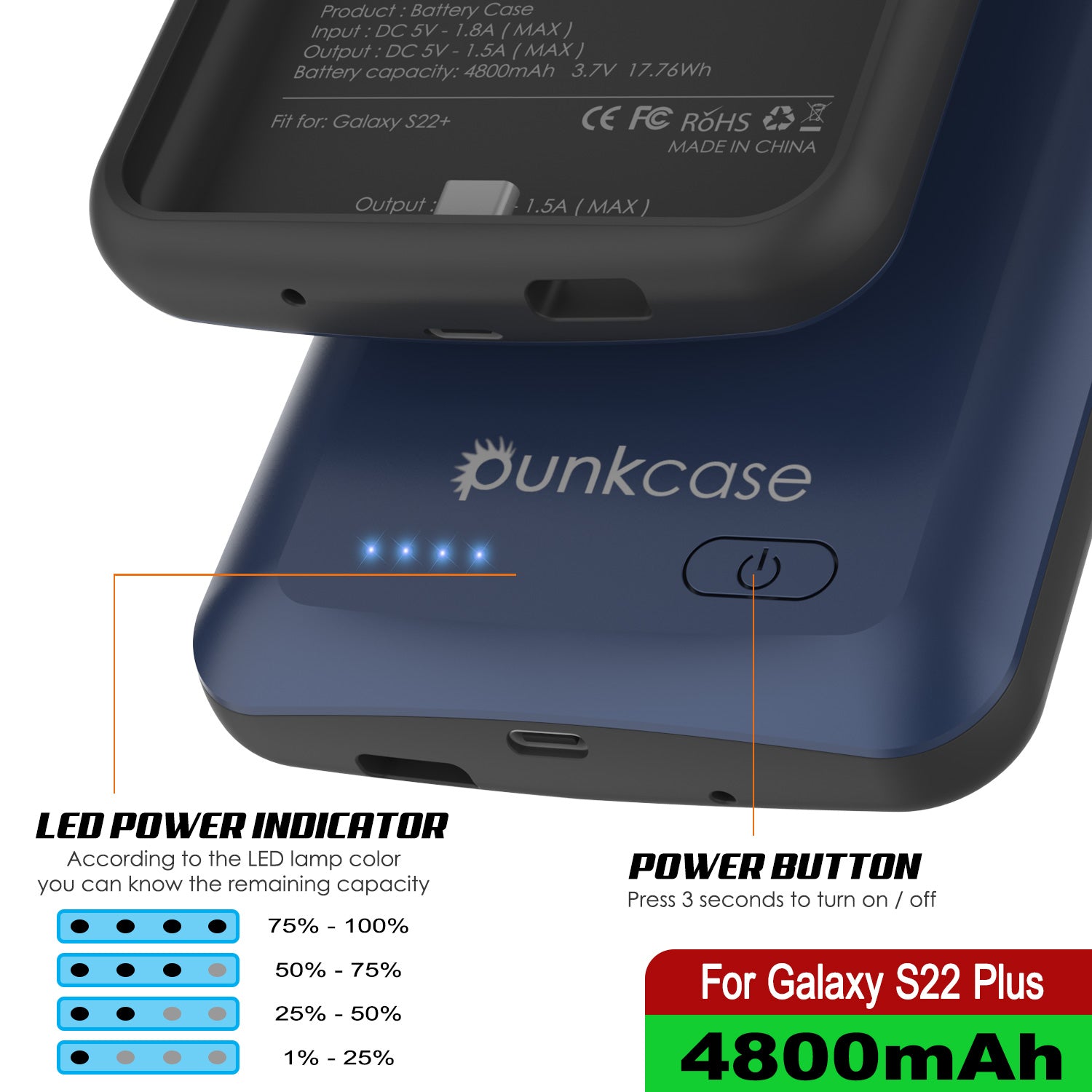 PunkJuice S22+ Plus Battery Case Blue - Portable Charging Power Juice Bank with 4800mAh