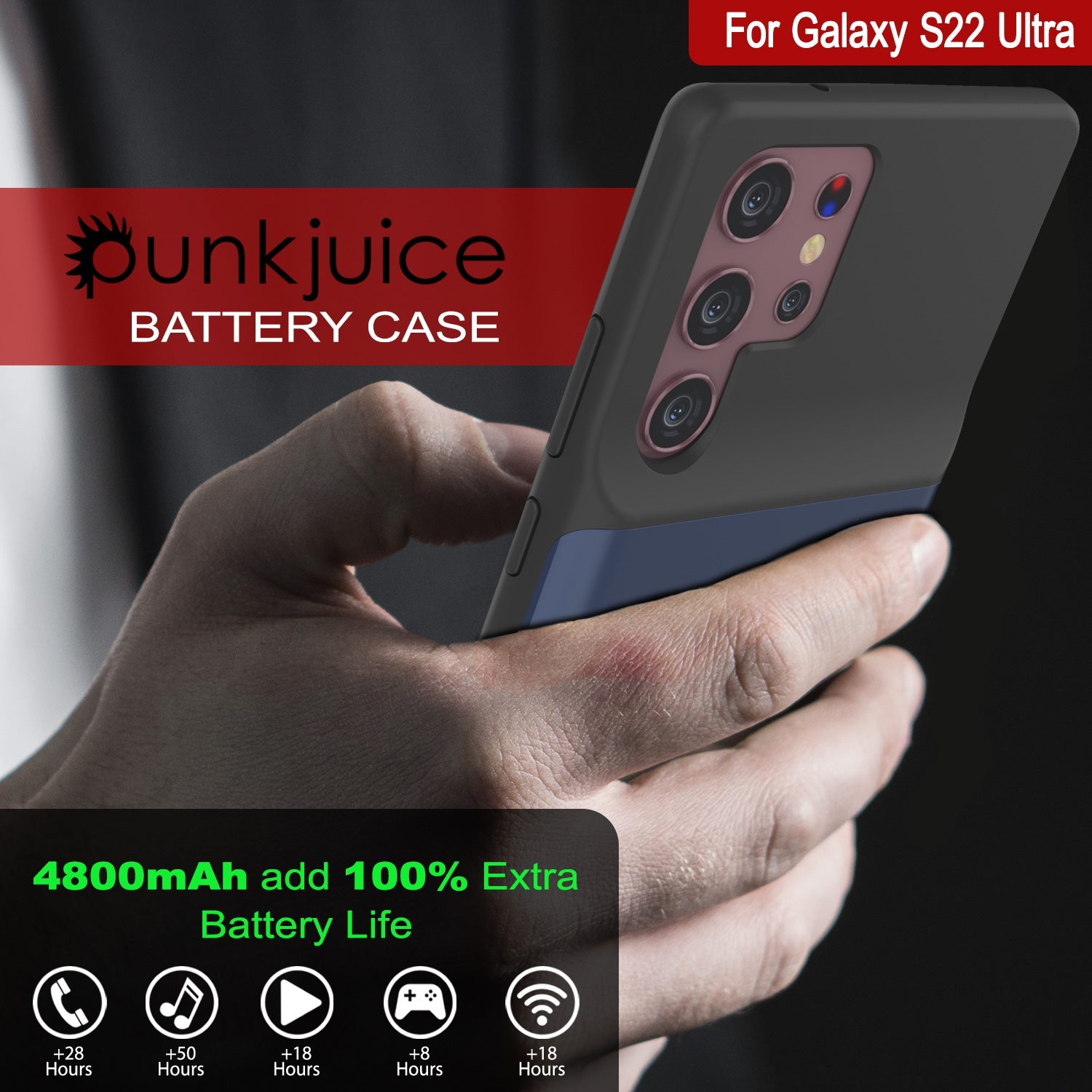 PunkJuice S22 Ultra Battery Case Blue - Portable Charging Power Juice Bank with 4800mAh