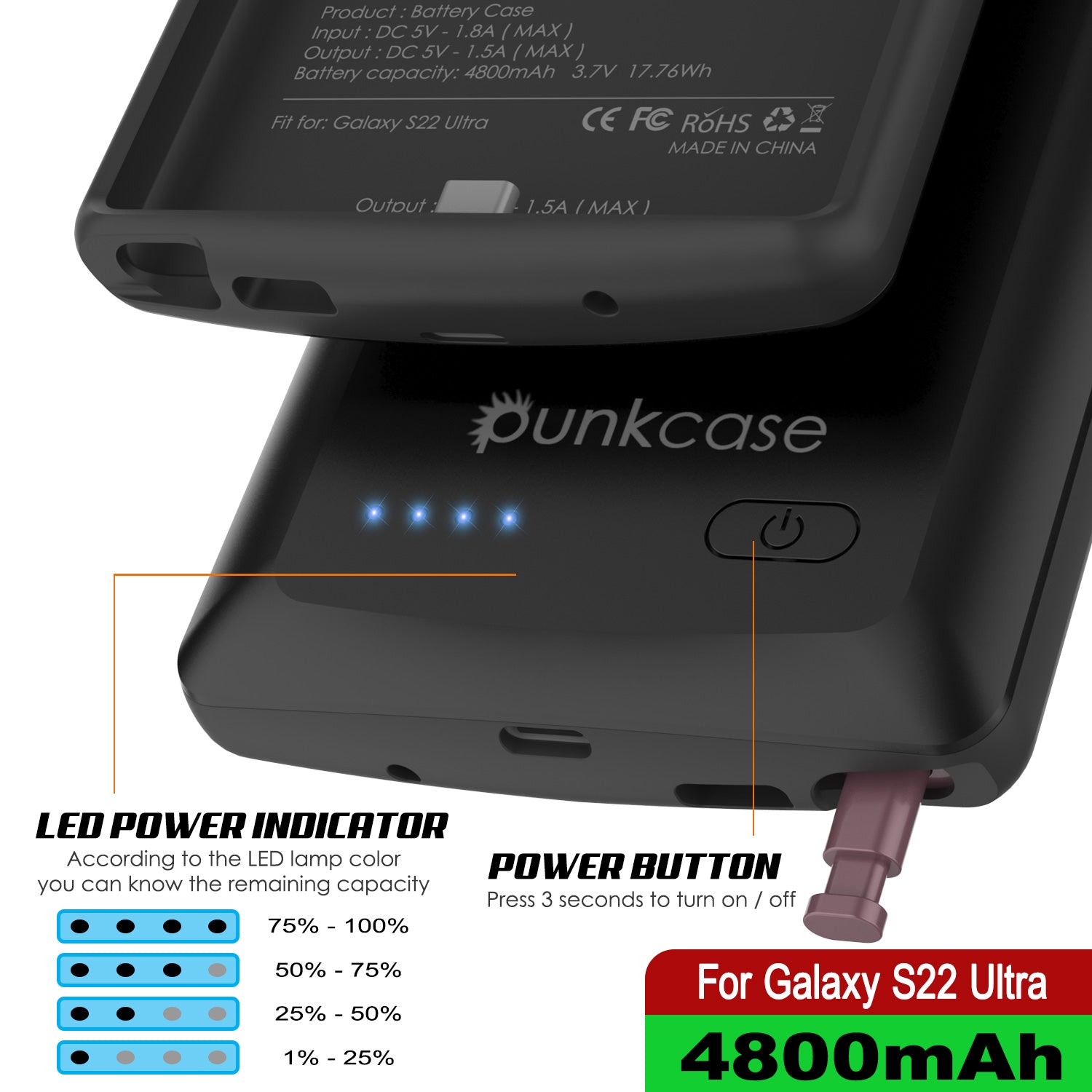 PunkJuice S22 Ultra Battery Case Black - Portable Charging Power Juice Bank with 4800mAh
