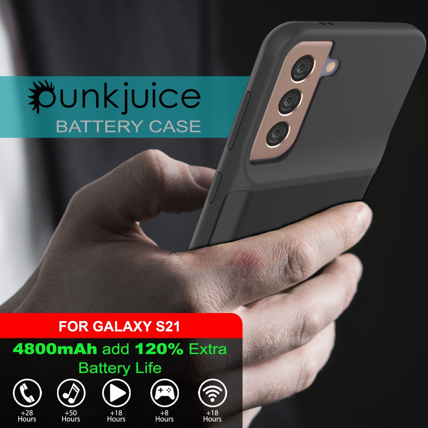 PunkJuice S21 Battery Case Black - Portable Charging Power Juice Bank with 4800mAh