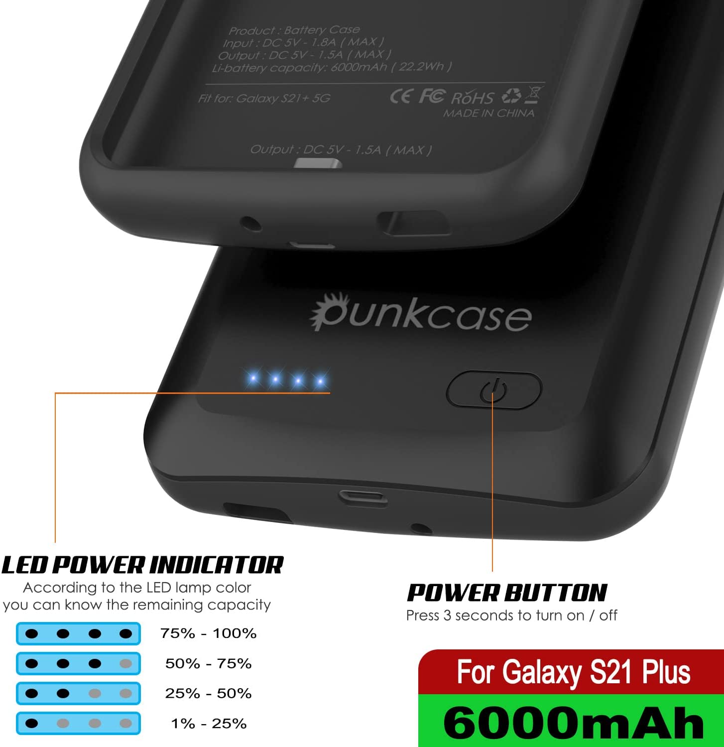 PunkJuice S21+ Plus Battery Case Black - Portable Charging Power Juice Bank with 6000mAh