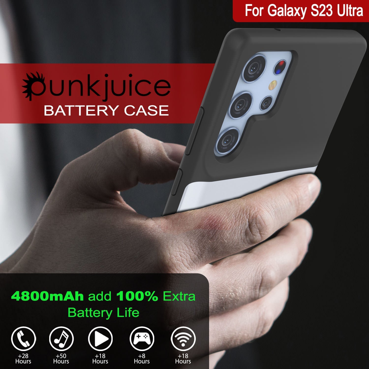 PunkJuice S23 Ultra Battery Case White - Portable Charging Power Juice Bank with 4800mAh