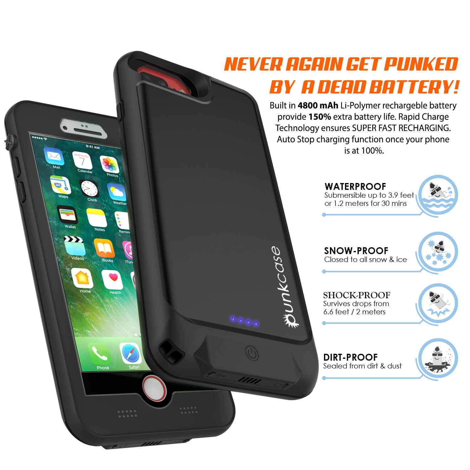 PunkJuice iPhone 7+ Plus Battery Case Black - Waterproof Slim Power Juice Bank with 4300mAh