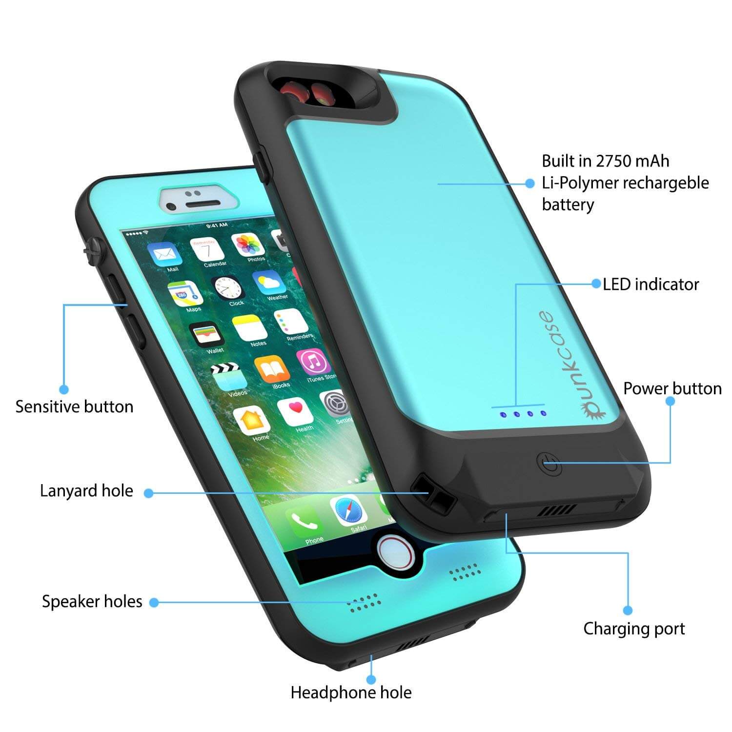 PunkJuice iPhone 8/7 Battery Case Teal - Waterproof Slim Power Juice Bank with 2750mAh
