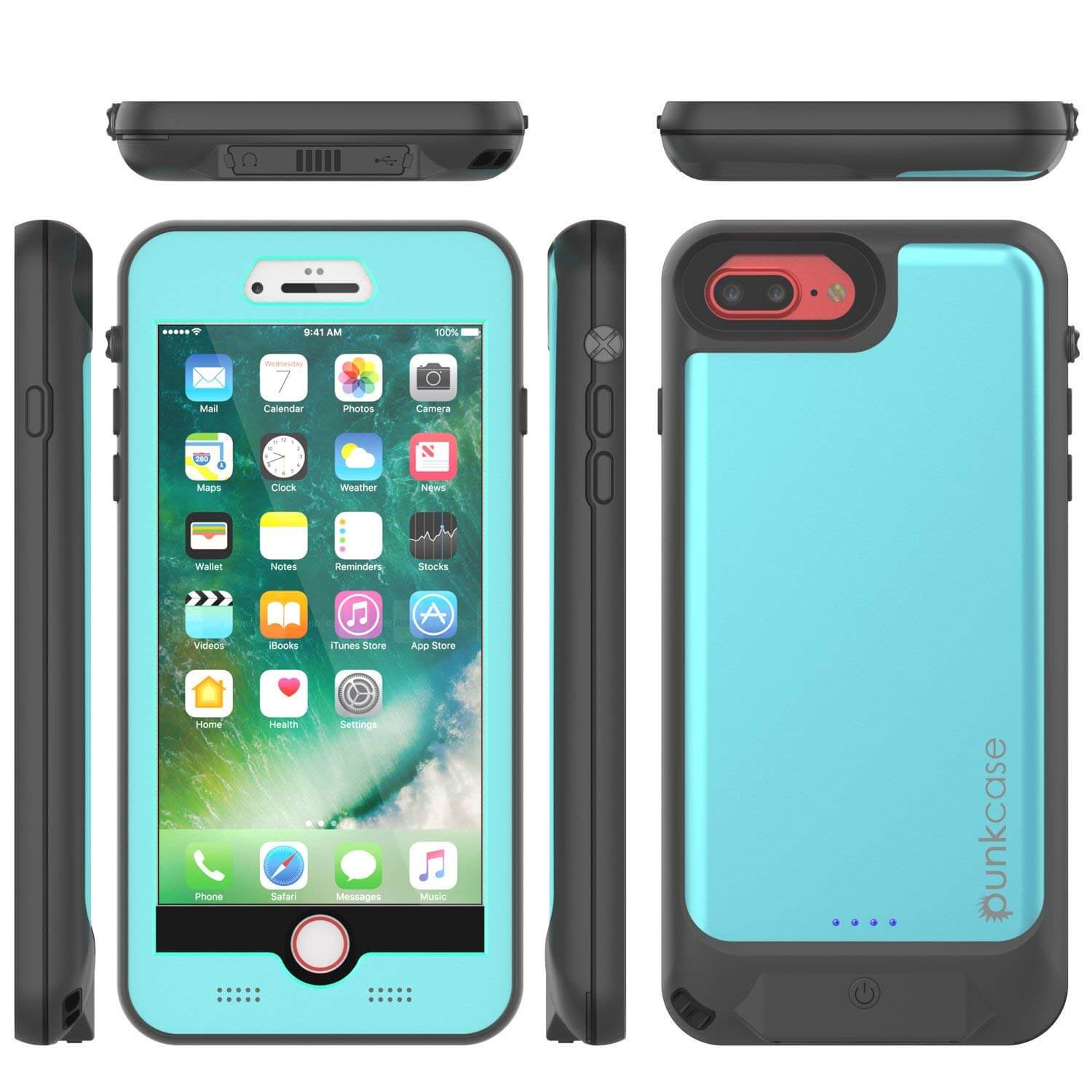 PunkJuice iPhone 8+ 7+ Plus Battery Case Teal - Waterproof Slim Power Juice Bank with 4300mAh
