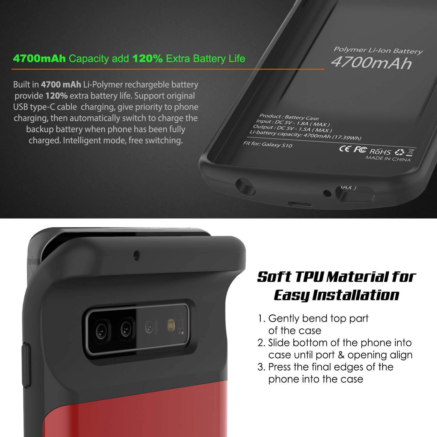 PunkJuice S10 Battery Case Red - Fast Charging Power Juice Bank with 4700mAh