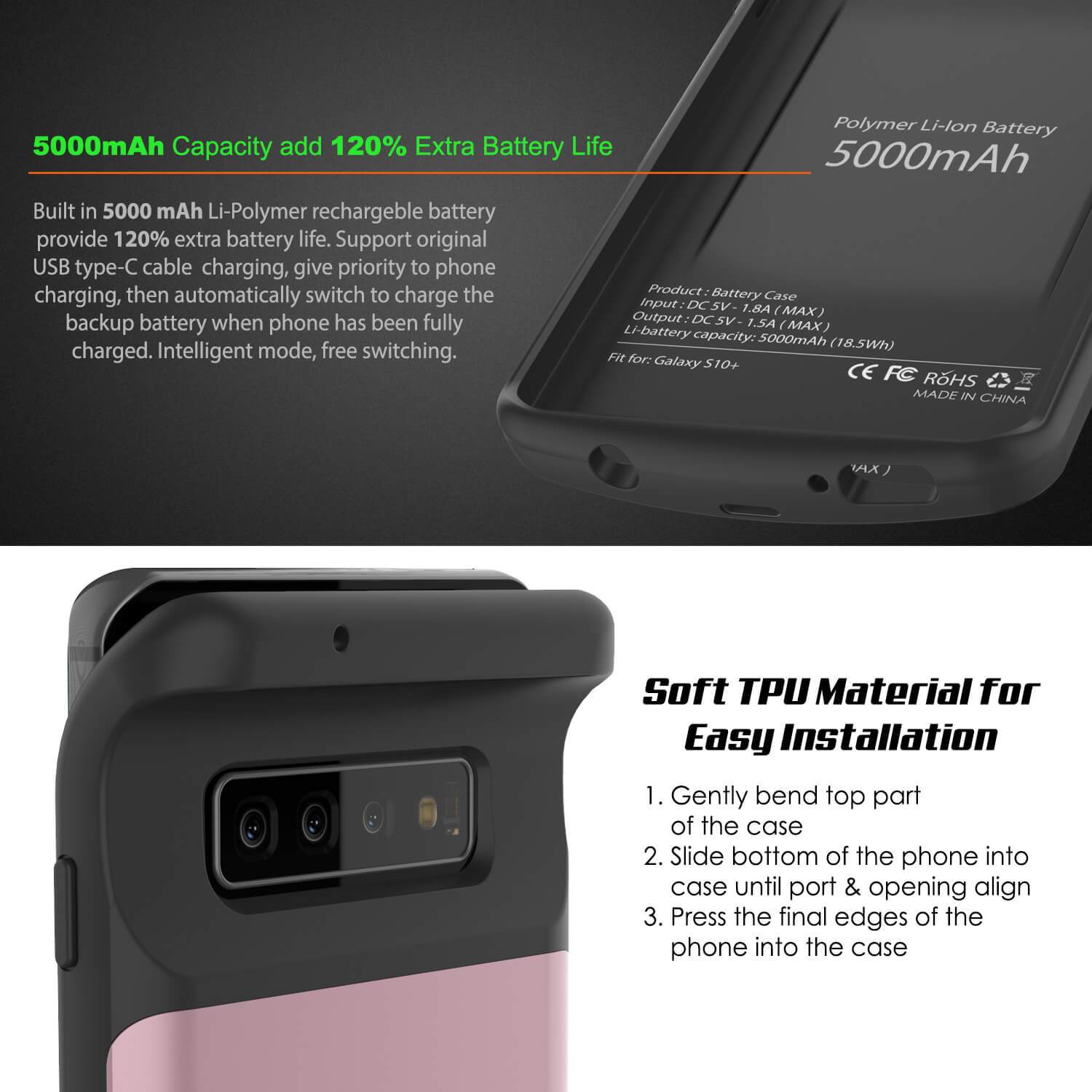 PunkJuice S10+ Plus Battery Case Rose - Fast Charging Power Juice Bank with 5000mAh