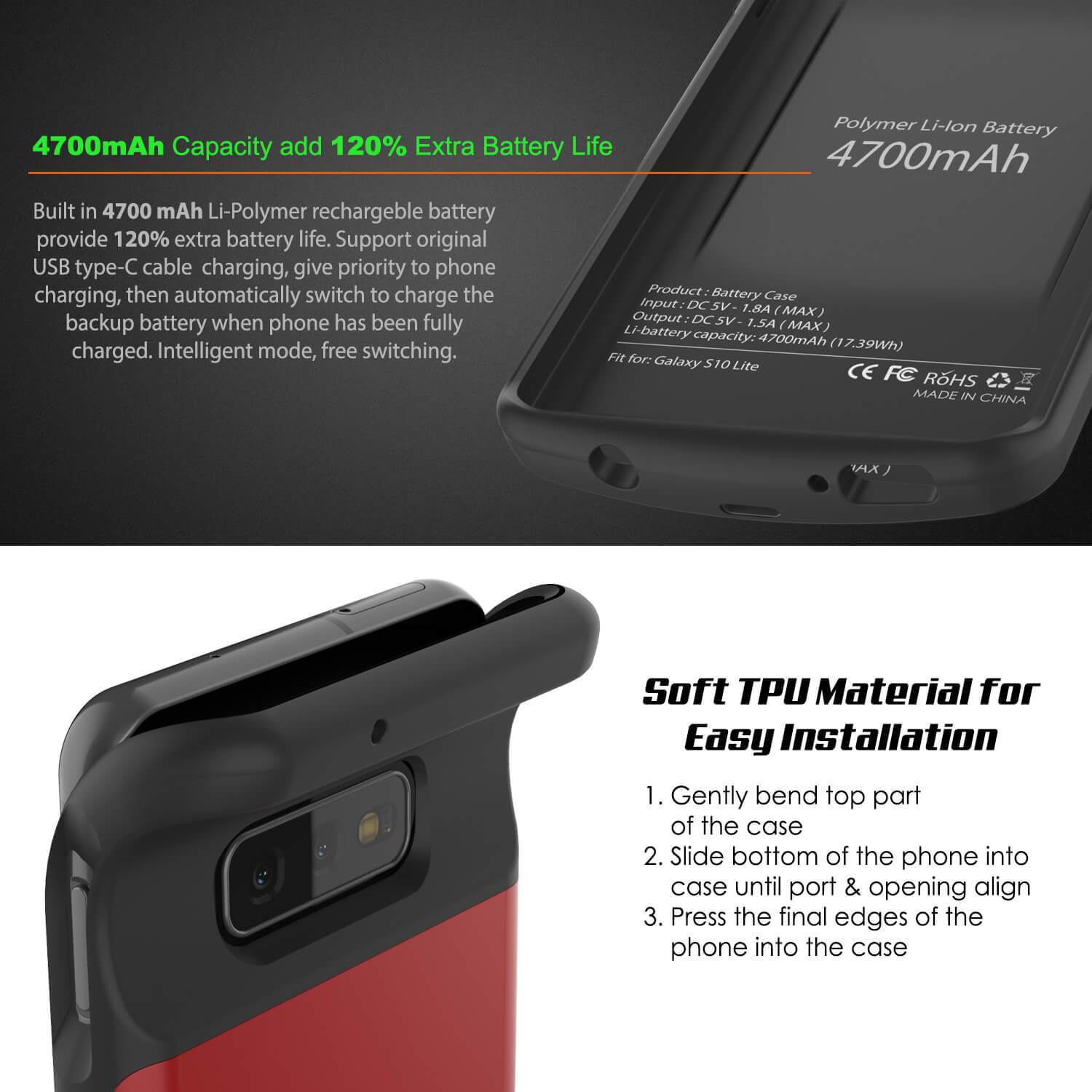 PunkJuice S10e Battery Case Red - Fast Charging Power Juice Bank with 4700mAh