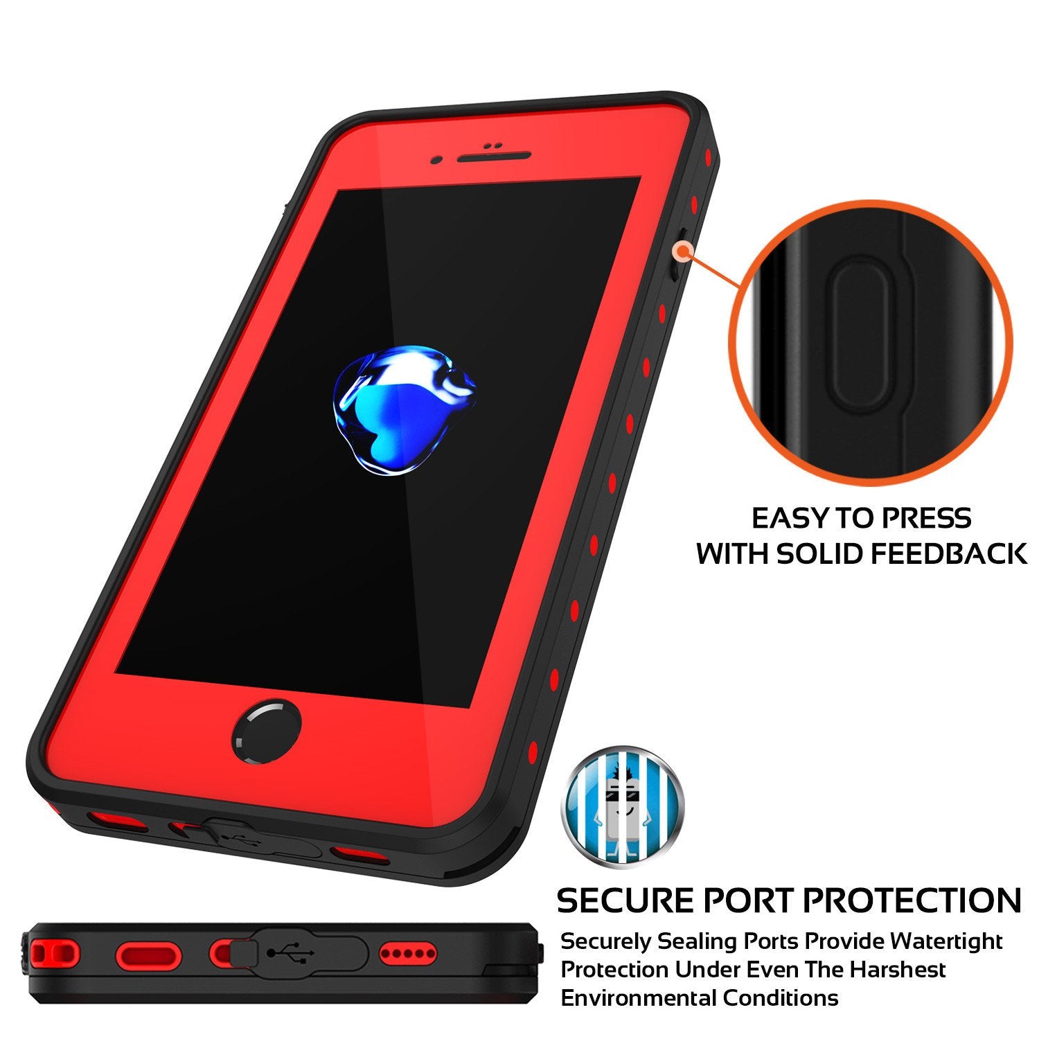 iPhone 8+ Plus Waterproof Case, Punkcase [StudStar Series] [Red] [Slim Fit] [IP68 Certified] [Shockproof] [Dirtproof] Armor Cover