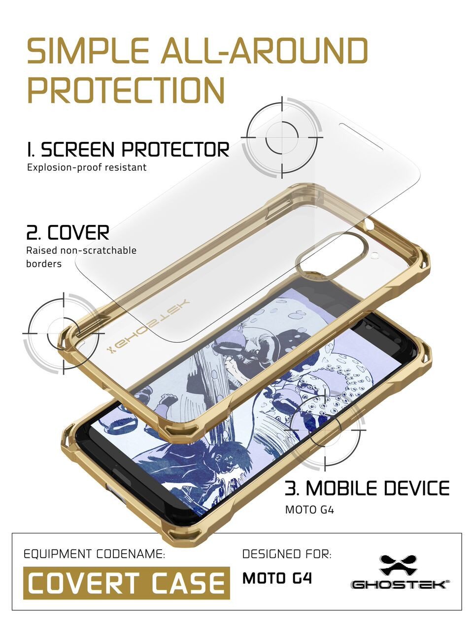 Moto G4 Case, Ghostek Covert Gold Series | Clear TPU | Explosion-Proof Screen Protector | Ultra Fit